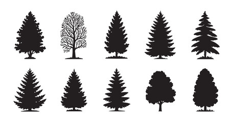Diverse forest tree silhouette pack for environmental conservation projects and natural landscape art. © Suraiyajannat