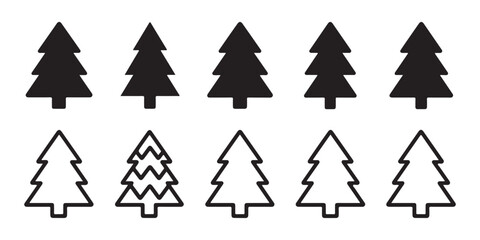 Obraz premium Set of ten christmas tree icons featuring various black silhouette styles and simple outline illustrations.