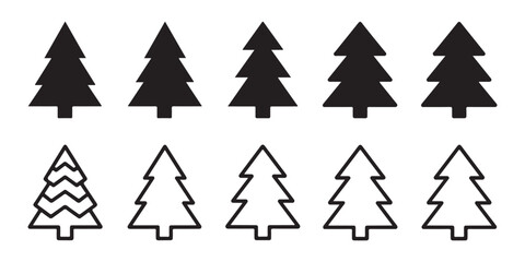 Obraz premium Set of ten christmas tree icons featuring various black silhouette styles and simple outline illustrations.