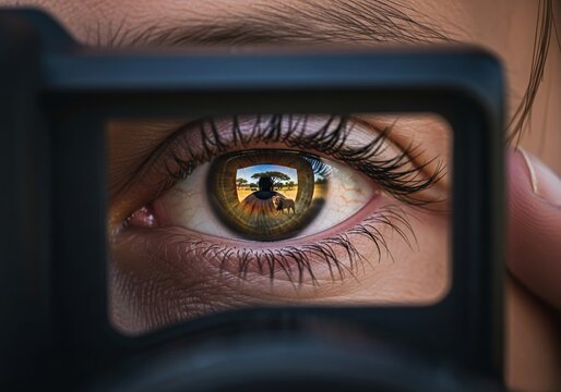 Close-up of human eye looking through camera viewfinder with reflection of safari landscape and lion in the iris