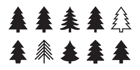 Obraz premium Collection of spruce tree silhouettes with different needle densities and sharp geometric pine forms.