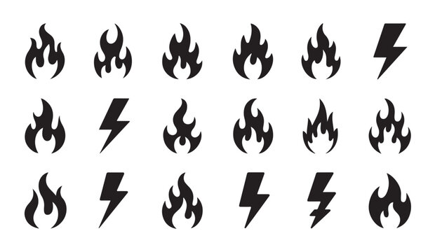 Flame icon set. fire symbol. blaze and spark. bonfire light. hot sign. burn and glow.