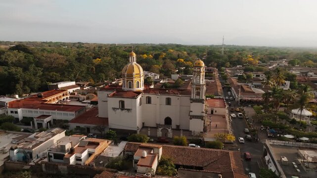 Panoramic aerial view surrounding Parroquia de San Miguel Arc&aacute;ngel and the historic center of Comala, Colima, Mexico