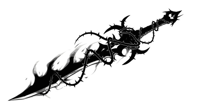 Black and white illustration of a fantasy sword wrapped in thorny vines and dark magic flames