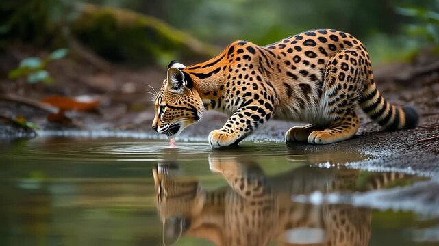 Wild ocelot crouching to drink with reflection in forest pond
