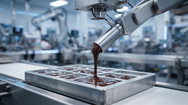 Automated industrial chocolate production line with robotic arm filling metal molds with liquid chocolate in a modern factory