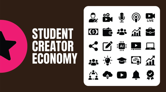 Student creator economy concept vector graphic illustration showing various essential digital media business and technology icons