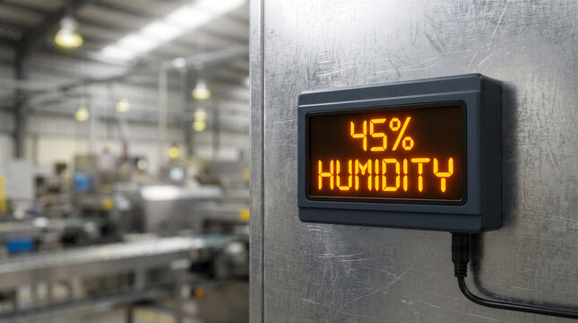 Digital humidity sensor display showing 45 percent relative humidity level mounted on a metallic industrial wall in a factory setting