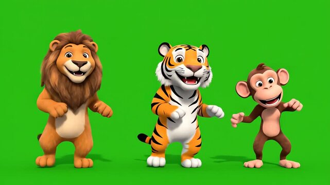 Cute 3D Animated Lion Tiger and Monkey Characters on Green Screen. 4K Video