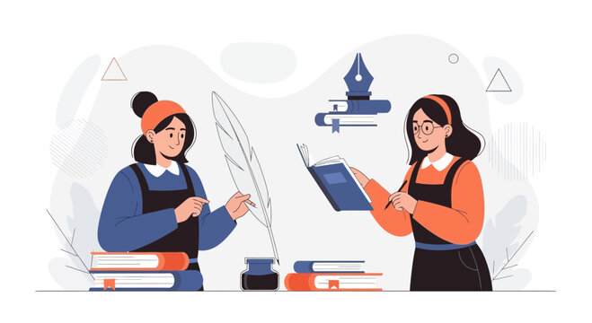 Two young women studying and writing with vintage tools like quill pens and ink, surrounded by books and educational elements.