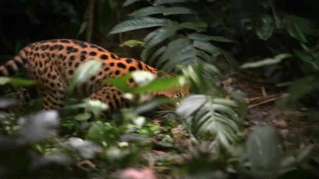 Wild ocelot stalking through lush tropical rainforest foliage