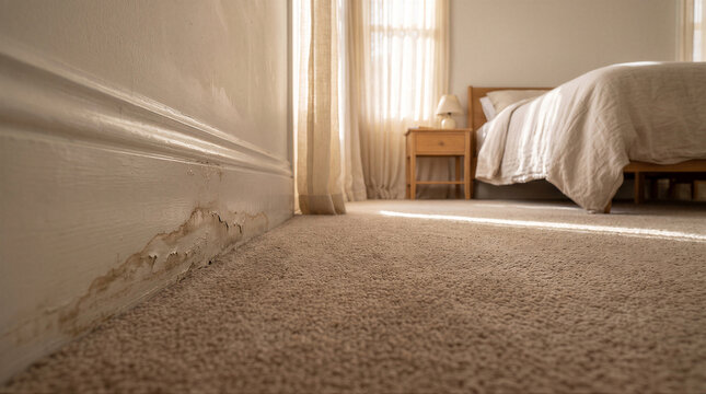 Water damage on bedroom wall near baseboard with peeling paint and moisture stains above carpet floor in a home interior
