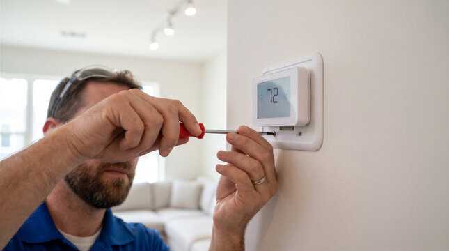 Professional hvac technician installing or repairing a smart thermostat on a wall in a modern home interior