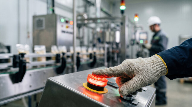 Closeup of a workers hand in a protective glove pressing a red emergency stop button on a control panel in a food processing factory