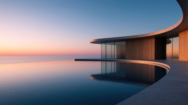 Modern luxury villa architecture with glass walls stands near calm water edge. Sunset sky reflects on serene infinity pool surface during twilight. Contemporary building design provides peaceful