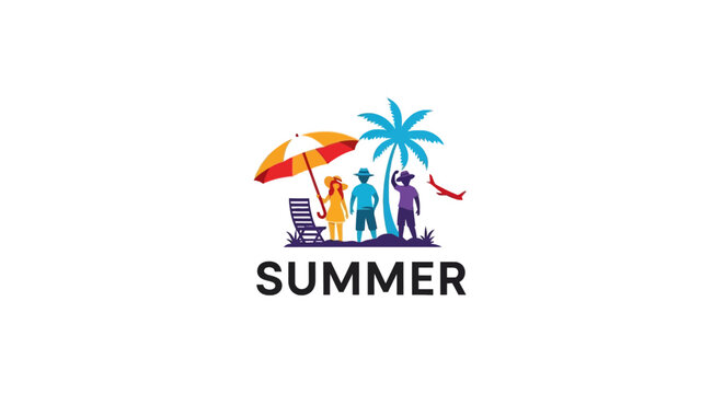 Family silhouette on beach with summer text logo