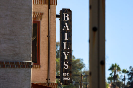 Temecula, CA USA on October 8, 2022. close-up view of the Bailys Est. 1992 sign at Old Town Temecula.