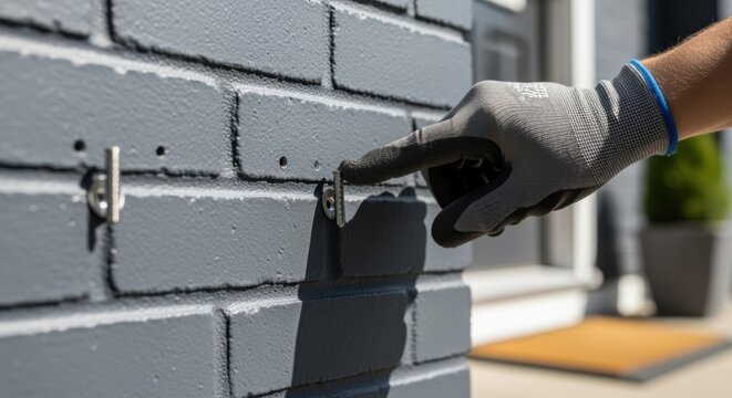 Daylight shot capturing the final inspection of securely installed house number plaque anchors on a freshly painted brick surface.