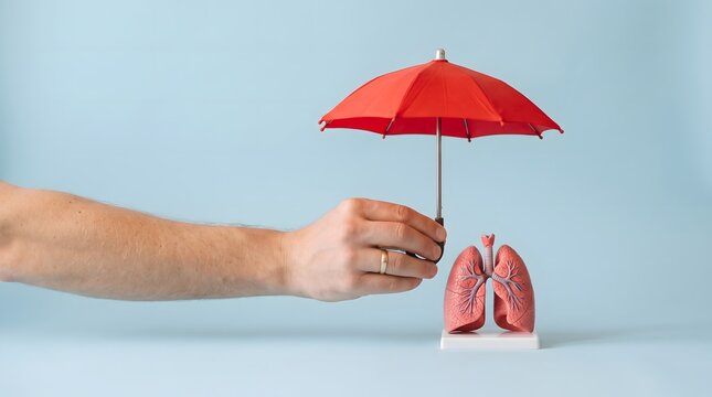 Male arm holding small red umbrella over human lung model against blue background symbolizing respiratory protection and health insurance coverage.