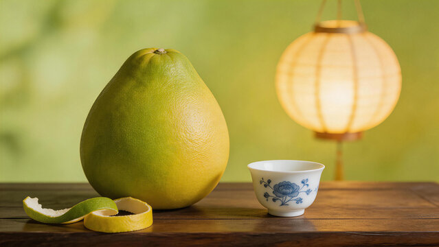 Pomelo tea setup on wooden table