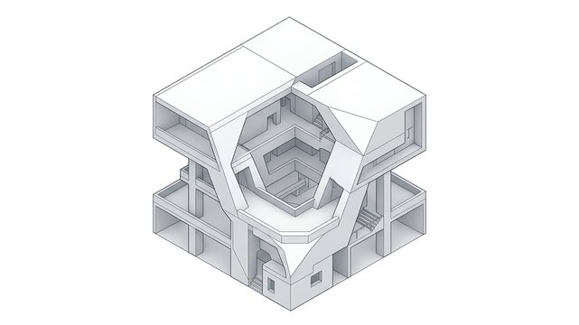 Abstract isometric architectural module on white background
