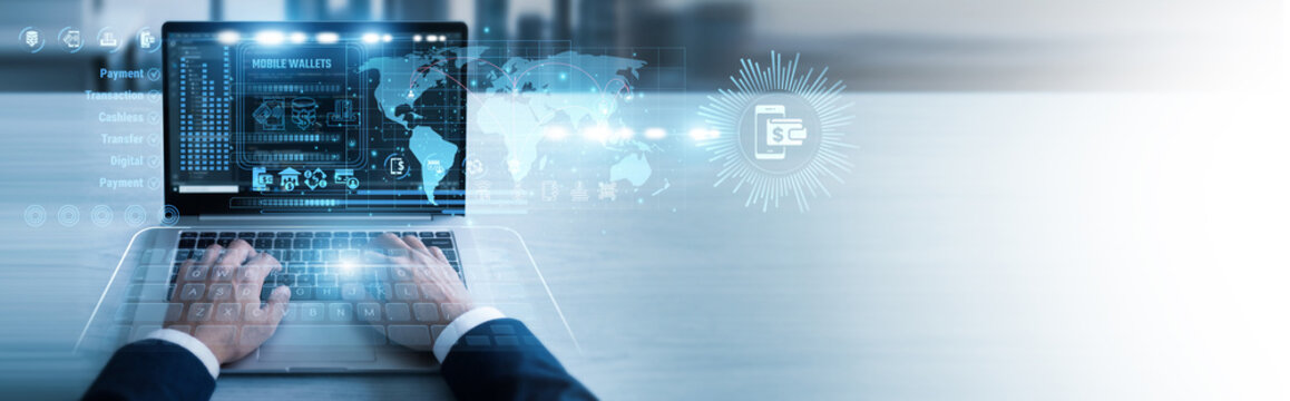 Fintech dev working on laptop Mobile Wallets integration to facilitate secure digital payments and transactions. Modern contactless solutions provide users with safe and fast mobile banking.