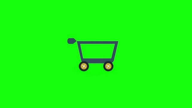 Stylized shopping cart icon featuring yellow wheels with plus symbols on a solid chroma key green screen background, designed for e-commerce, digital retail, and online shop overlays.