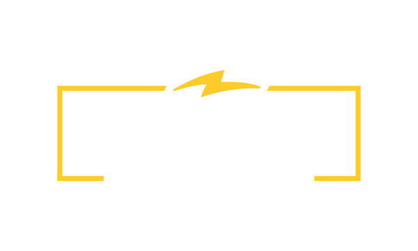 A minimalist yellow lightning bolt symbol centered above open rectangular brackets on a clean white background, representing energy.
