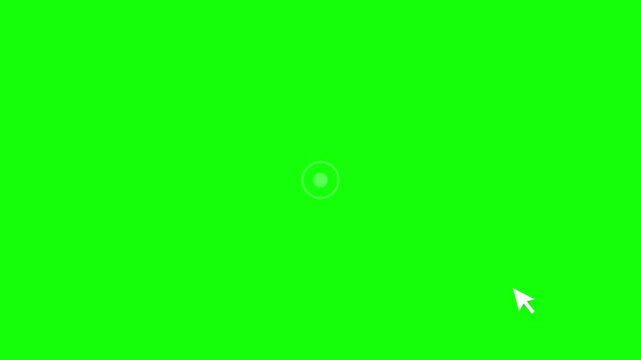 White computer mouse cursor arrow clicking on a solid green screen background with a circular ripple animation effect for chroma key video editing and digital interface mockup.