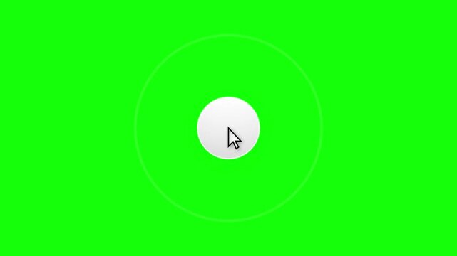 White circular interface button with a black mouse cursor arrow pointer icon centered on a bright green screen background for chroma key compositing and digital video editing.