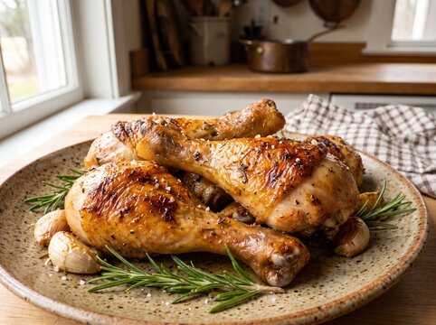 Plated roast chicken drumsticks with garlic cloves and fresh rosemary spr.