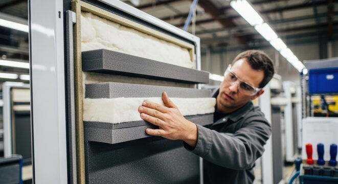 Technician evaluates insulation and soundproofing layers integrated into bathroom pod panels under factory lighting.
