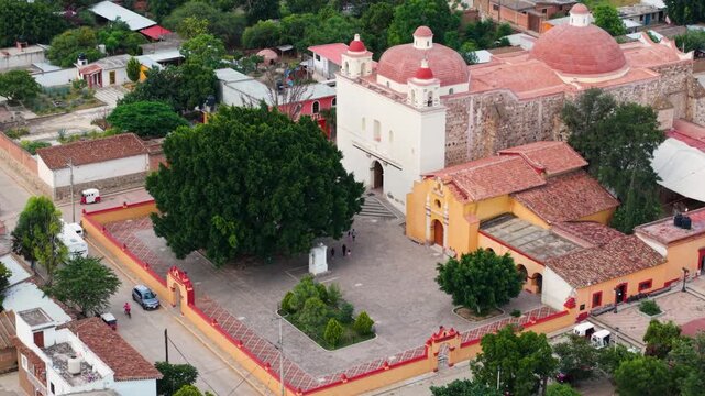 Panoramic aerial of the Catholic church and town center in San Mateo Macuilx&oacute;chitl, Oaxaca