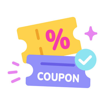 Promotional coupon ticket displaying a percentage symbol and an approval checkmark.