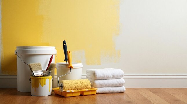 Paint buckets with brushes, roller sit on wooden floor near wall painted yellow. White towels lie beside renovation supplies in room. Interior design project includes fresh decor transformation