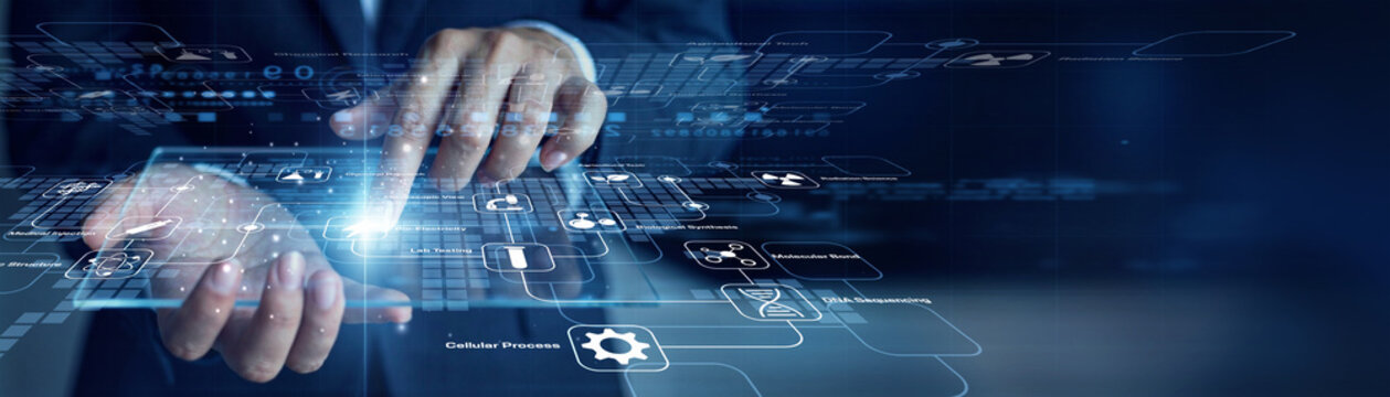 Medical senior scientist handholds virtual screen displaying futuristic data and touches Biotechnology system controls for comprehensive optimization. Innovative digital laboratory framework.
