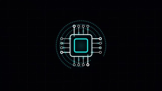 Digital computer processor chip icon with networking data lines cpu technology
