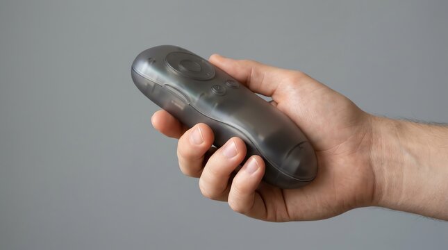 Close-up of a hand holding a modern black translucent remote controller against a gray background
