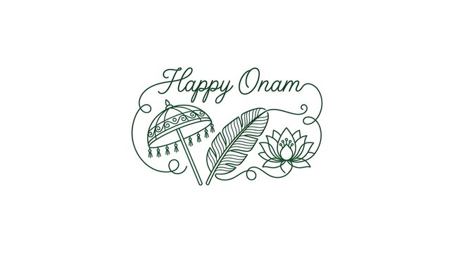 Minimalist line art illustration celebrating the traditional Indian festival of Onam with cultural symbols.