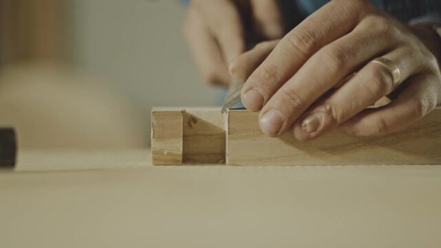 Close up of craftsman chiseling mortise joint in wooden block, removing timber with wood chisel to refine joinery by hand during woodworking process