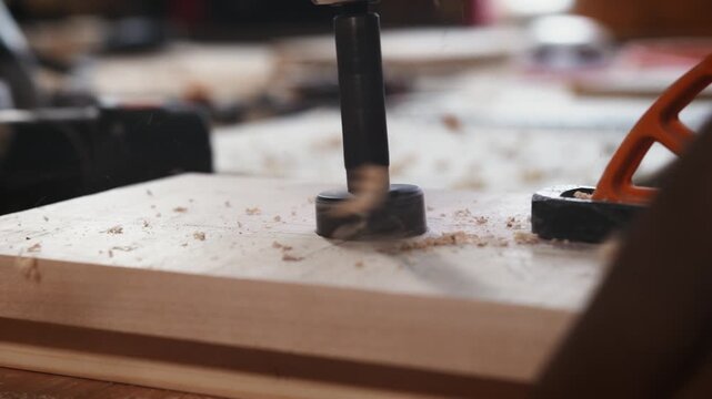 Closeup of Forstner bit drilling wooden board on drill press, creating flat bottom hole as wood chips collect during woodworking process