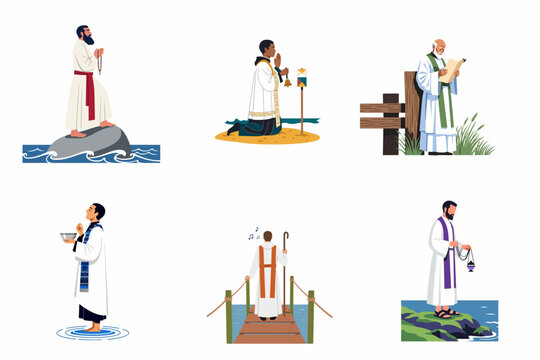 Collection of religious ministers and priests in clerical robes performing spiritual rituals, prayers, and meditations in various natural outdoor settings, vector illustration.