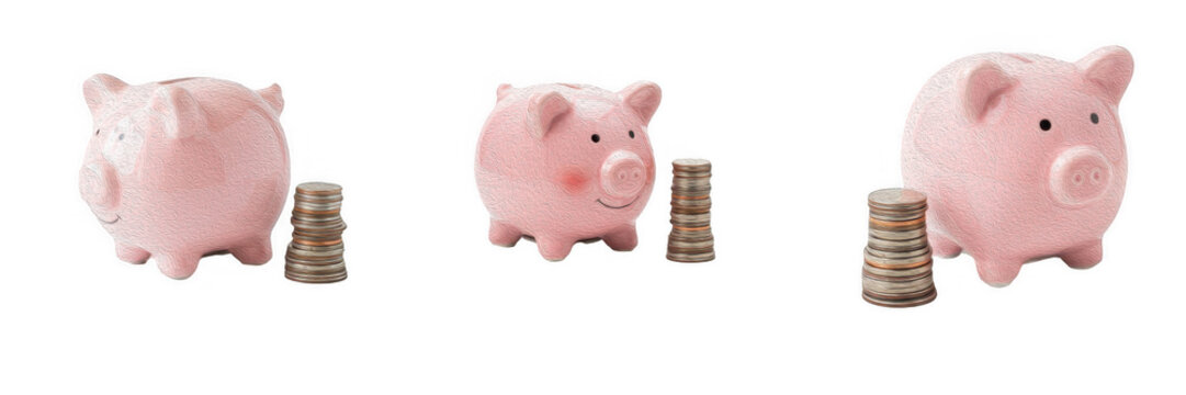 Pink piggy banks with coin stacks isolated on white background, savings and financial growth PNG graphic