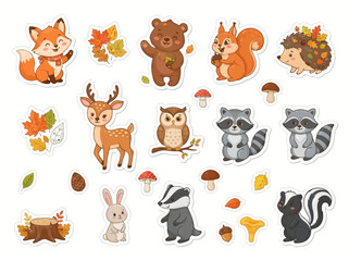Fototapeta premium Cute woodland animal sticker set. Forest creatures vector illustration for kids design.