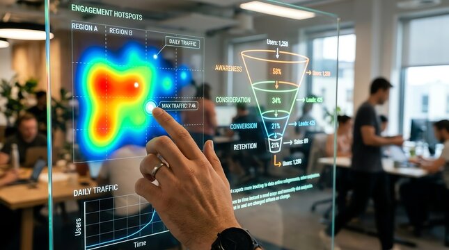 Businessman analyzing marketing sales funnel and heatmap data on futuristic transparent touchscreen glass interface in office