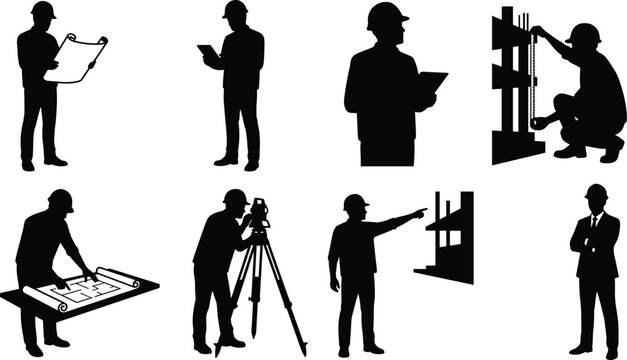 Construction engineer silhouette set featuring architect and surveyor icon on white background