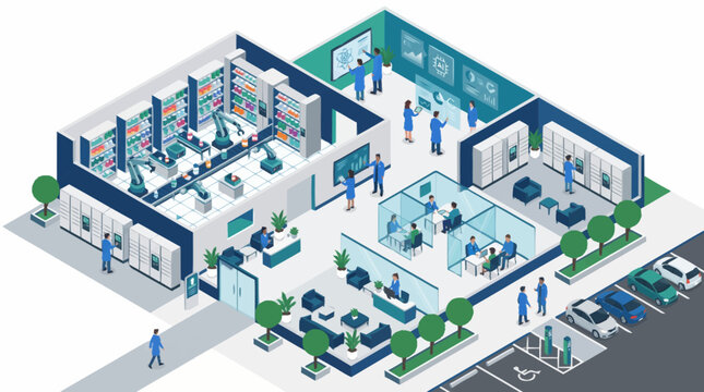 Modern office building isometric illustration with workers and greenery.
