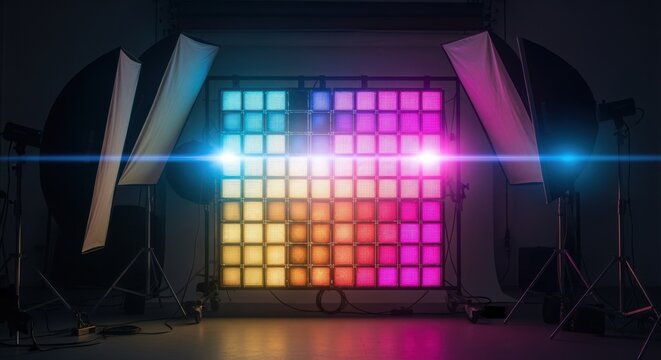 footage capturing color temperature changes on an LED panel lighting grid during a creative studio session demonstrating flexible mood lighting capabilities.