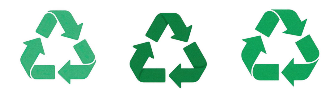 Green recycling symbols and mobius loop icons isolated on white background, eco friendly and sustainability PNG graphic