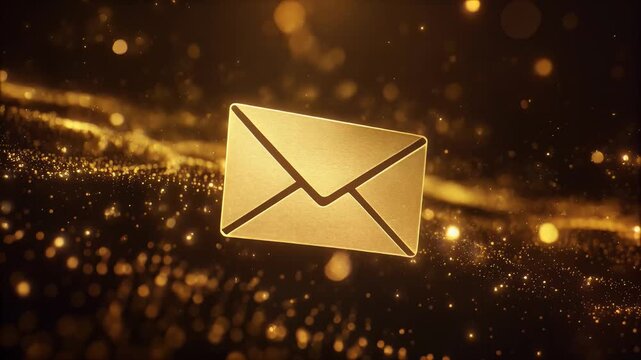 Golden email envelope icon, floating above a shimmering wave of glowing light particles, elegant motion graphics background, cinematic luxury aesthetic, symbolizing successful communication
